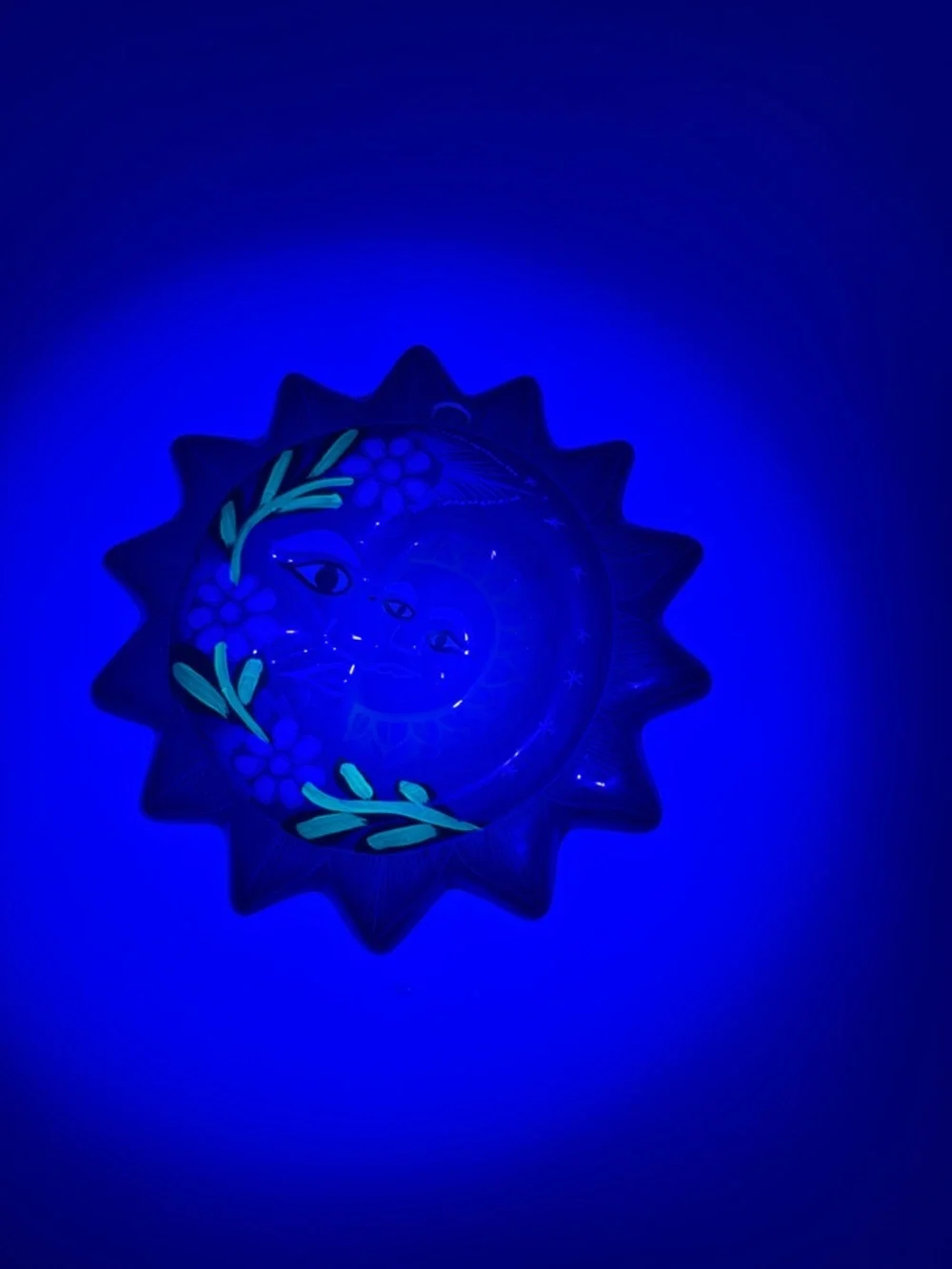 Hand-Painted Terracotta Sun & Moon Wall Plaque - Deep Blue with Pink Flowers